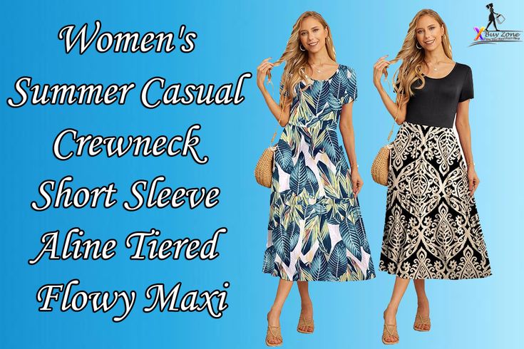 GRECERELLE Women's Summer Casual Crewneck Short Sleeve Aline Tiered Flowy Maxi
